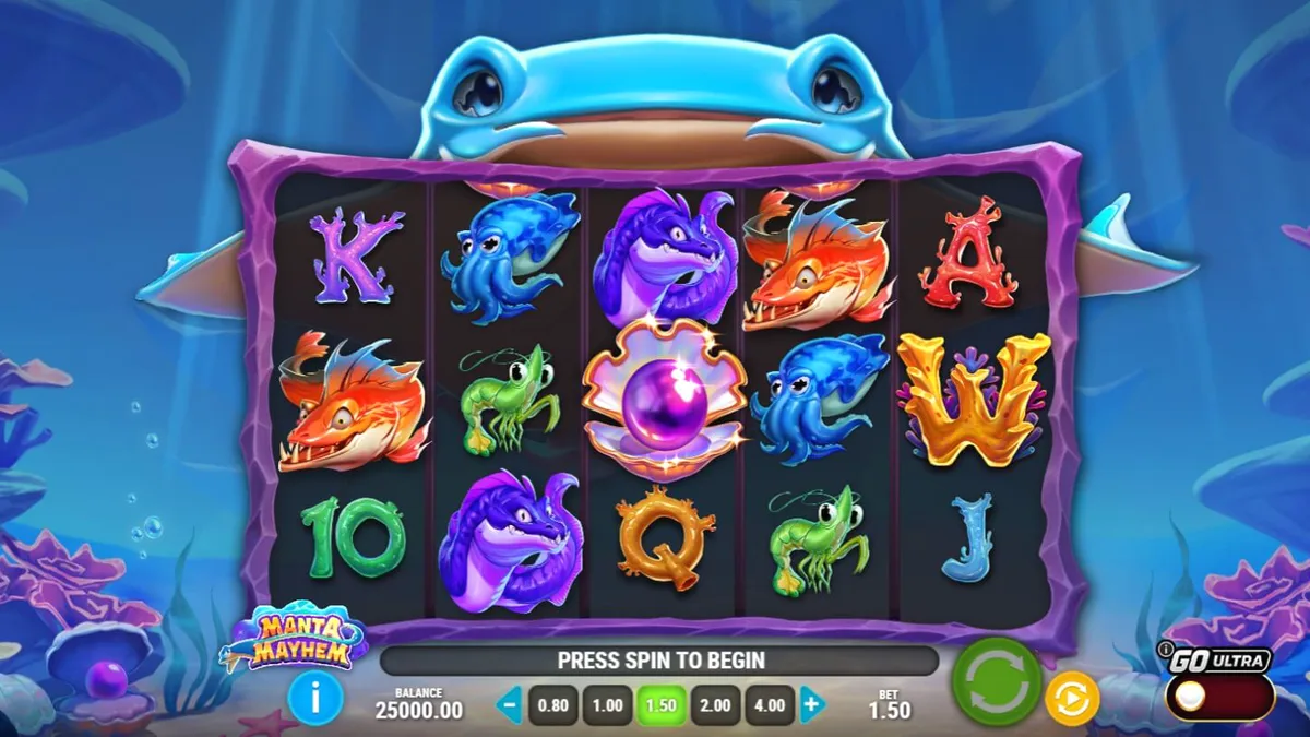Manta Mayhem slot underwater theme with vibrant coral reef and friendly manta ray