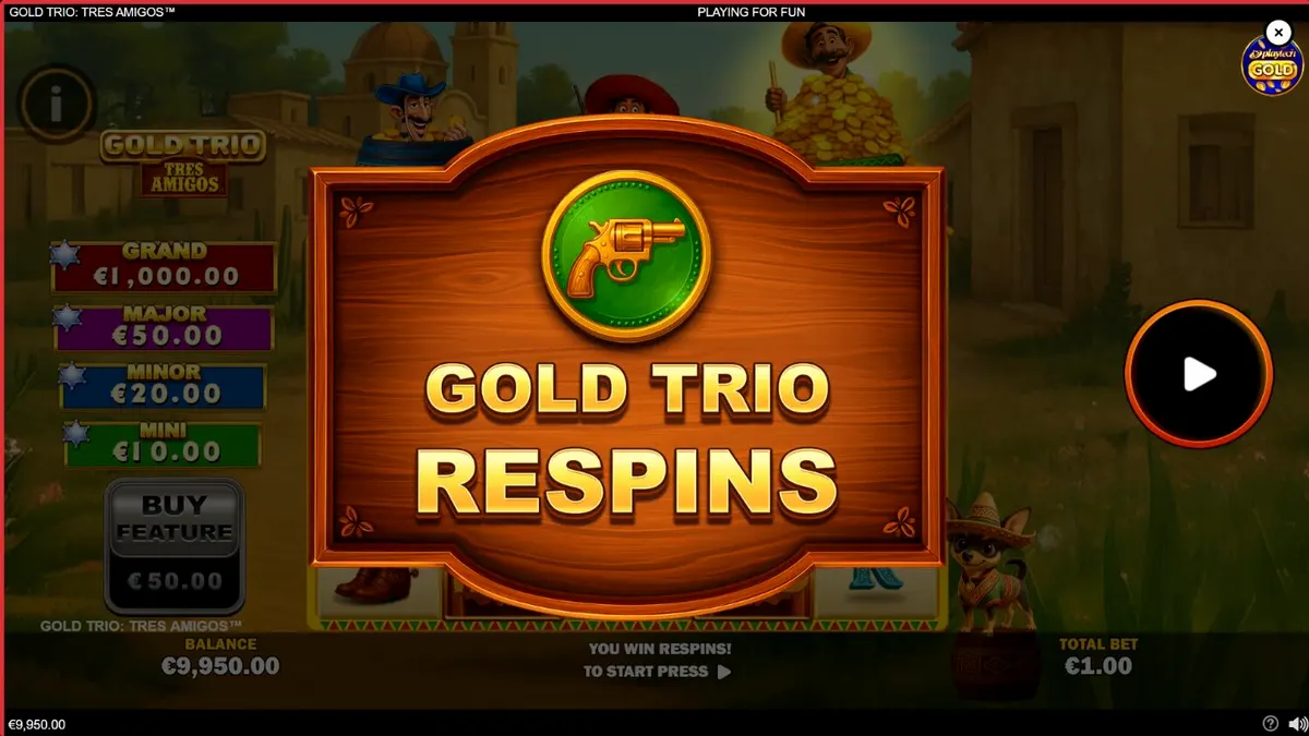 Pemandangan fiesta Meksiko dalam slot Gold Trio: Tres Amigos